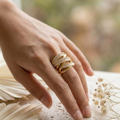 Designer Multi Layer Criss-Cross Gold Silver CZ Copper Ring For Women