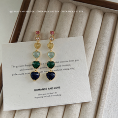 Multi Color Heart Gold Plated CZ Anti Tarnish Copper Dangler Earrings