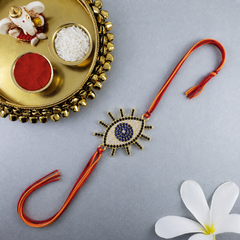 Designer Evil Eye Gold Plated CZ Red Orange Thread Rakhi For Men
