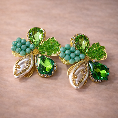 Green Flower Leaf Style Gold Rhinestone Stud Earrings