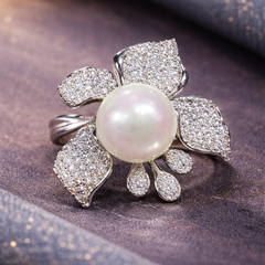 Bow Flower Silver CZ Pearl Copper Adjustable Cocktail Ring