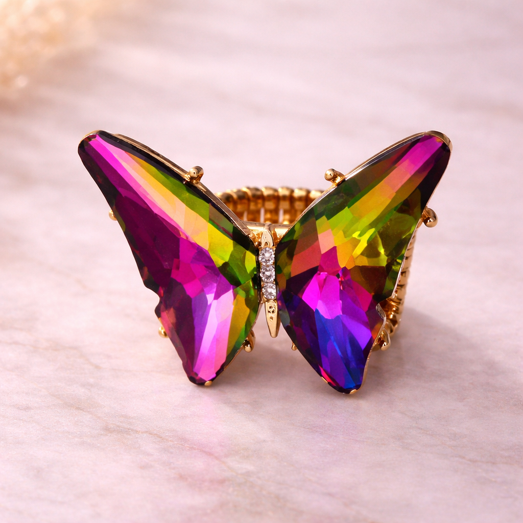 Multi Color Butterfly Gold Crystal Adjustable Cocktail Ring For Women