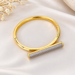 Designer Gold Plated CZ T-Bar Open Cuff Copper Bracelet For Women