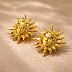 Vintage Sun Face Gold Plated Anti Tarnish Stainless Steel Stud Earrings