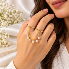 Designer Multi Finger Gold CZ Heart Chain Adjustable Ring For Women