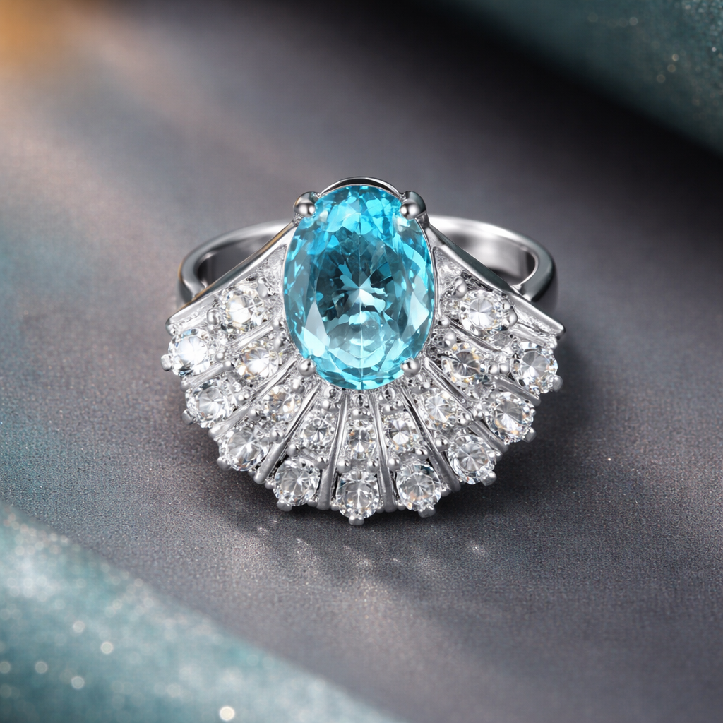 White Blue Fan Style Silver Plated CZ Copper Adjustable Cocktail Ring