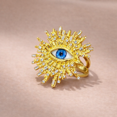 Blue Evil Eye Gold Plated Rhinestone Adjustable Fancy Ring For Women
