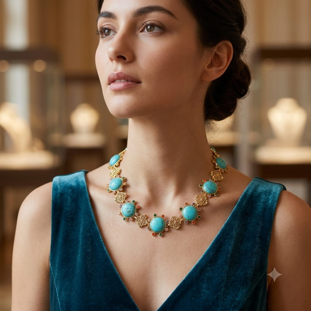 Luxury Gold Plated Turquoise Blue Faux Stone CZ Filigree Copper Necklace