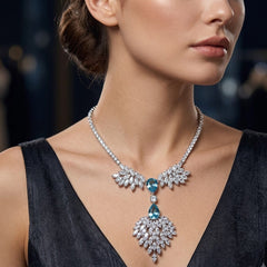 Luxury Blue Teardrop Floral Silver Plated CZ Anti Tarnish Copper Necklace