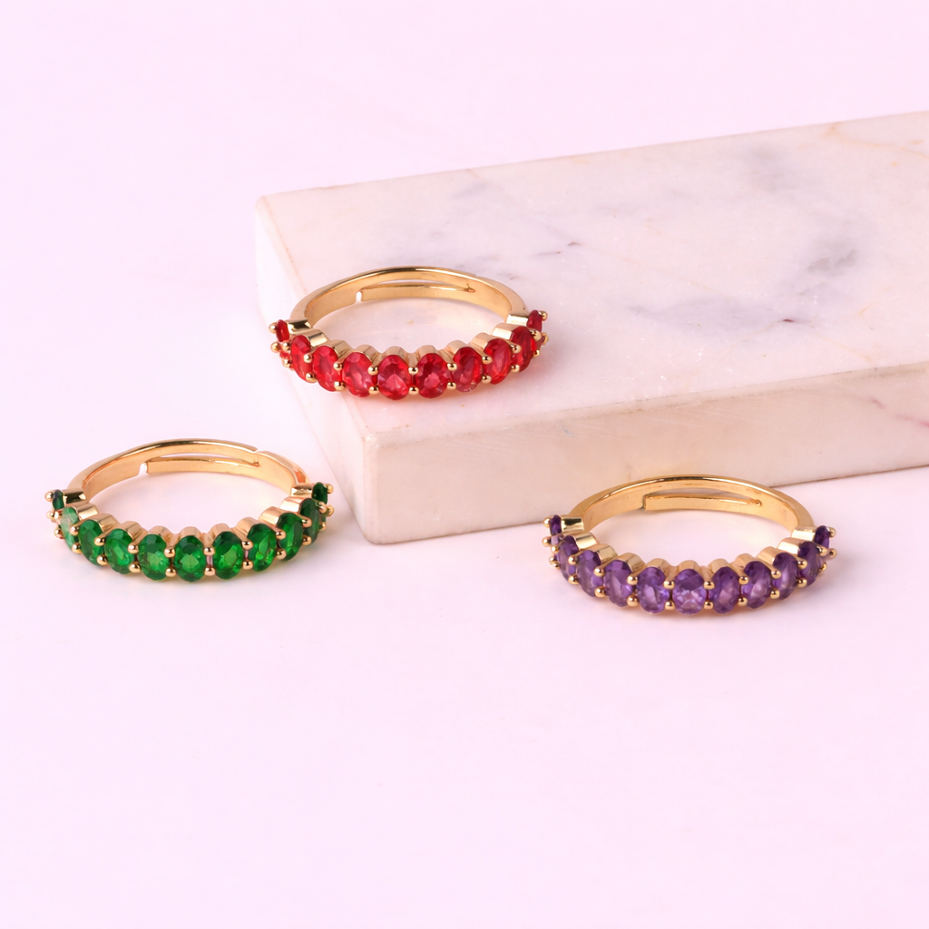 Green Red Purple Floral Gold Plated CZ Copper Adjustable Eternity Ring