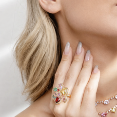 Blue Multi Color Flower Gold Plated CZ Copper Adjustable Cocktail Ring