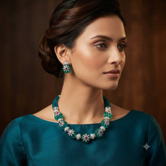 Designer Floral Green Beads Gold Silver Copper Necklace Earring Set