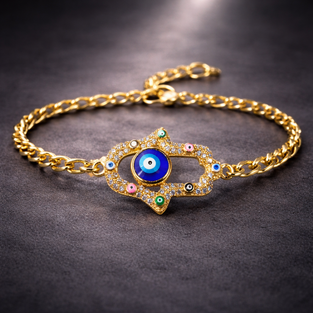 Blue White Hamsa Evil Eye Gold Plated CZ Anti Tarnish Copper Bracelet