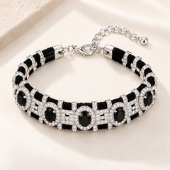 Luxury Silver Plated Black Onyx Rhinestone Embellished Copper Bracelet