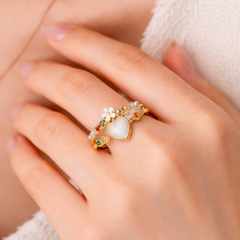 Green Pink White Heart Flower Gold CZ Adjustable Fancy Ring