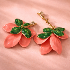 Pink Green Flower Gold Plated Plain Alloy Dangler Earrings For Women