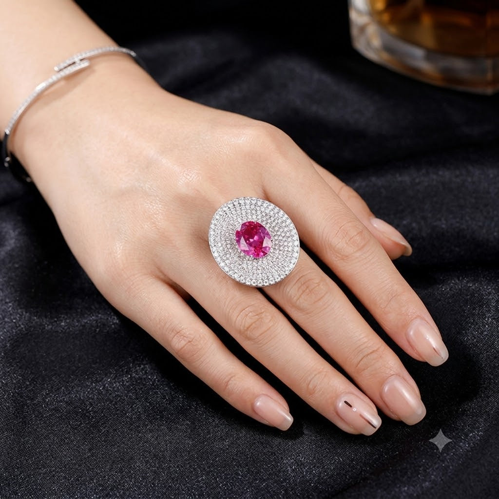 Ruby Pink Oval Silver Plated CZ Copper Anti Tarnish Cocktail Ring