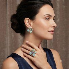 Floral Gold Plated Turquoise Purple CZ Copper Stud Earrings & Ring Set