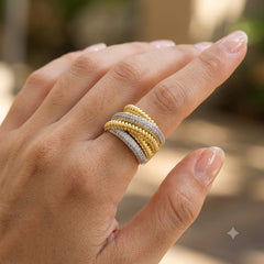 Designer Dual Tone Gold Silver Multi Layer CZ Copper Adjustable Ring