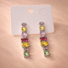 Multi Color Stone Vertical Bar Gold Plated CZ Copper Dangler Earrings