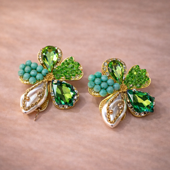 Green Flower Leaf Style Gold Rhinestone Stud Earrings