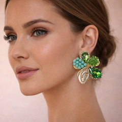 Green Flower Leaf Style Gold Rhinestone Stud Earrings