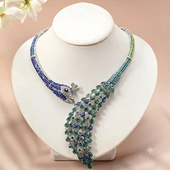 Peacock Style Silver Plated Blue Green & White Rhinestone Alloy Necklace