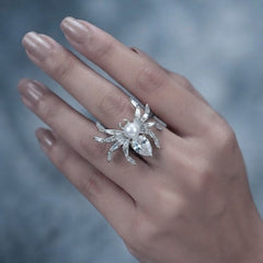 Designer Spider Gold Silver CZ Pearl Copper Cocktail Adjustable Ring