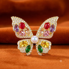 Multi Color Butterfly Gold Plated CZ Pearl Copper Brooch For Women