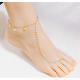 Layer Link Chain Pearl White 18K Gold Stainless Steel Anti Tarnish Single Anklet For Women