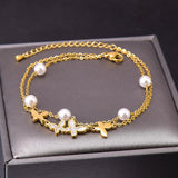 Butterfly Dual Layer Link Chain Mother Of Pearl Pearl White 18K Gold Stainless Steel Anti Tarnish Single Anklet For Women