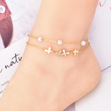 Butterfly Dual Layer Link Chain Mother Of Pearl Pearl White 18K Gold Stainless Steel Anti Tarnish Single Anklet For Women