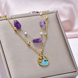 Fish Star Dual Layer Chain Beads Pearl Purple 18K Gold Stainless Steel Anti Tarnish Single Anklet For Women