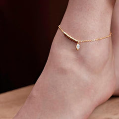 Minimal Leaf Charm Rose Silver Gold CZ Anti Tarnish Brass Anklets