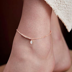 Minimal Leaf Charm Rose Silver Gold CZ Anti Tarnish Brass Anklets