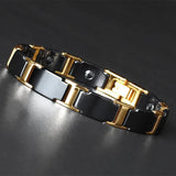 Gold Tungsten Carbide Black Glossy Ceramic Bio Magnetic Bracelet Men