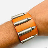 Men Genuine Brown Tan Leather Bullet Wrist Band Bracelet For Men