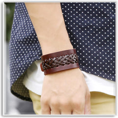 Braided Biker Punk Funky Black Leather Wrist Band Bracelet Men