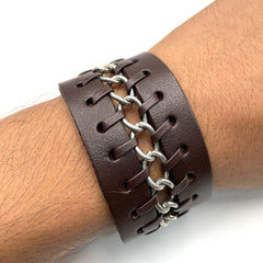 Casual Chain Dark Brown Handcrafted Leather Wrist Band Bracelet Men