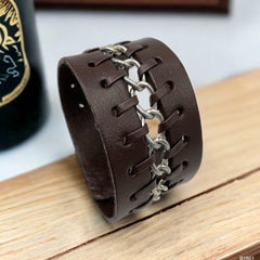Casual Chain Dark Brown Handcrafted Leather Wrist Band Bracelet Men
