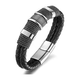 Rope Black Leather 316L Stainless Steel Wrist Band Strap Bracelet Men