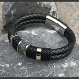 Rope Black Leather 316L Stainless Steel Wrist Band Strap Bracelet Men