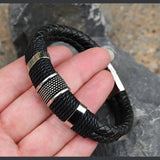 Rope Black Leather 316L Stainless Steel Wrist Band Strap Bracelet Men