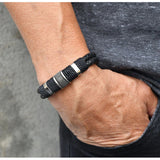 Rope Black Leather 316L Stainless Steel Wrist Band Strap Bracelet Men