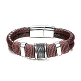 Rope Braided Brown Leather Stainless Steel Wrist Band Bracelet Men