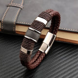 Rope Braided Brown Leather Stainless Steel Wrist Band Bracelet Men