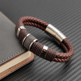 Rope Braided Brown Leather Stainless Steel Wrist Band Bracelet Men