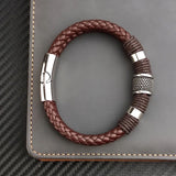 Rope Braided Brown Leather Stainless Steel Wrist Band Bracelet Men