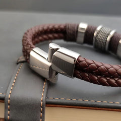 Rope Braided Brown Leather Stainless Steel Wrist Band Bracelet