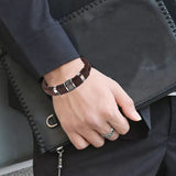 Rope Braided Brown Leather Stainless Steel Wrist Band Bracelet Men